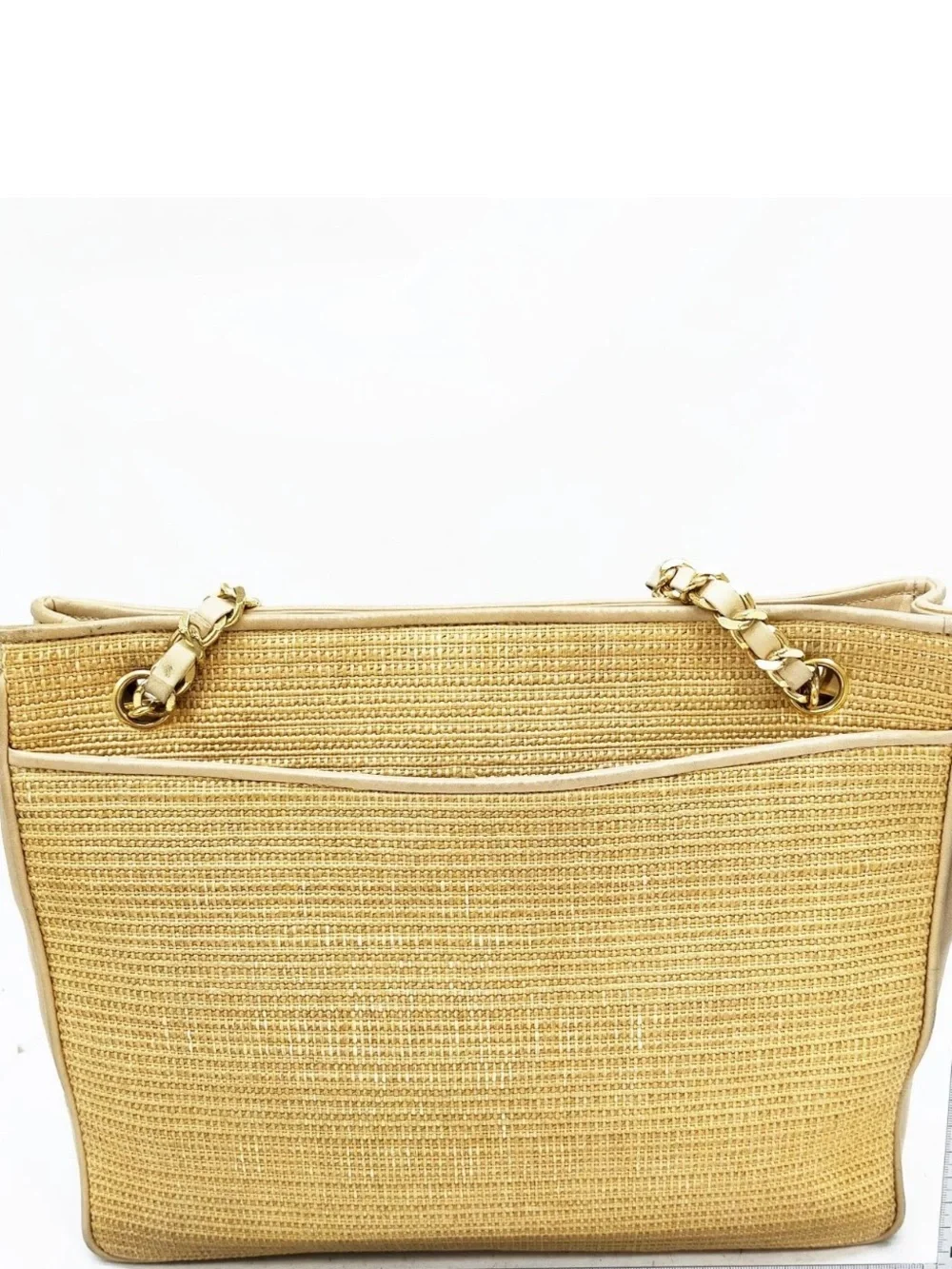 CHANEL Raffia & Leather Chain Tote Bag Beige Gold Shoulder Bag